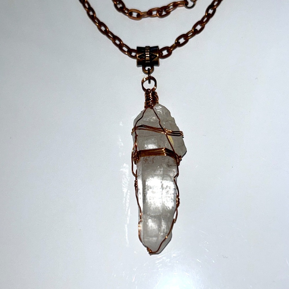 Artisan Handmade Genuine Quartz Crystal Point With Baby Point Copper Necklace